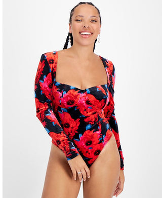 Bar III Women's Floral Print Square Neck Velvet Bodysuit Red Size Small