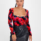 Body feminino Bar III com estampa floral e decote quadrado em veludo, tamanho pequeno, vermelho