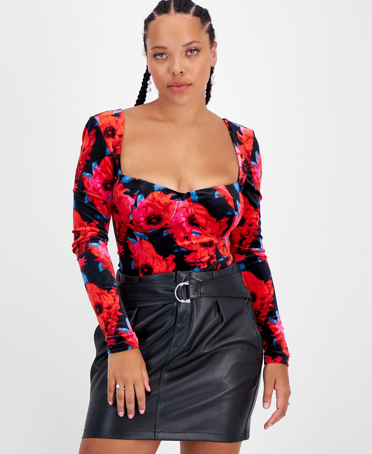 Body feminino Bar III com estampa floral e decote quadrado em veludo, tamanho pequeno, vermelho