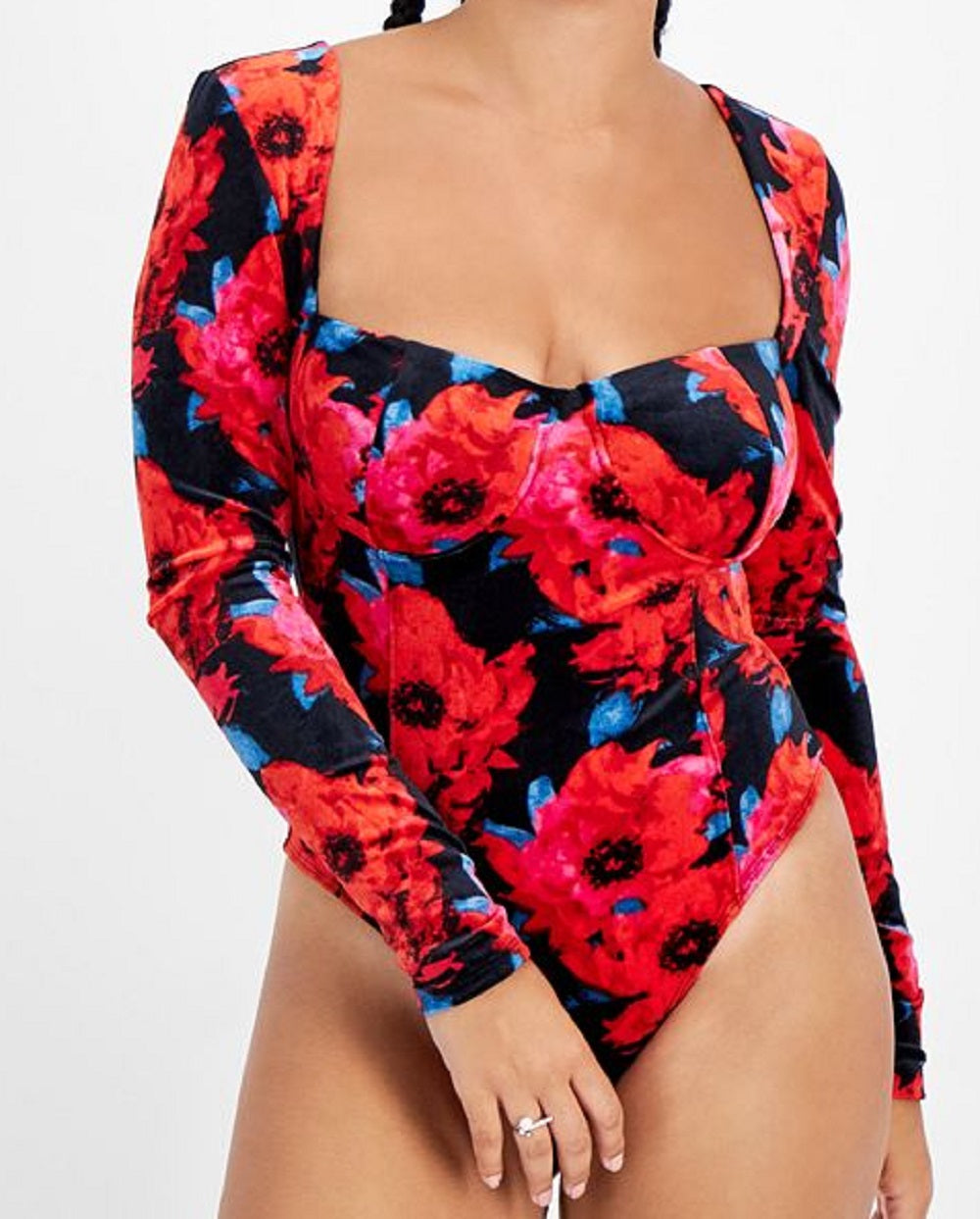Body feminino Bar III com estampa floral e decote quadrado em veludo, tamanho pequeno, vermelho