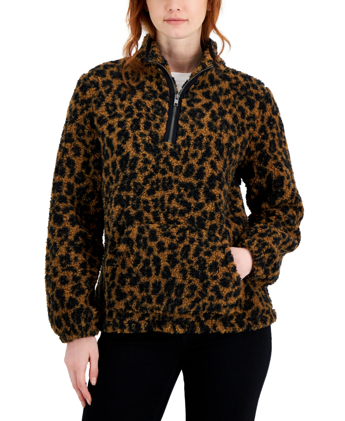 Suéter feminino estampado Sherpa com zíper de um quarto, tamanho pequeno, marrom, tamanho extragrande, da Style &amp; Co