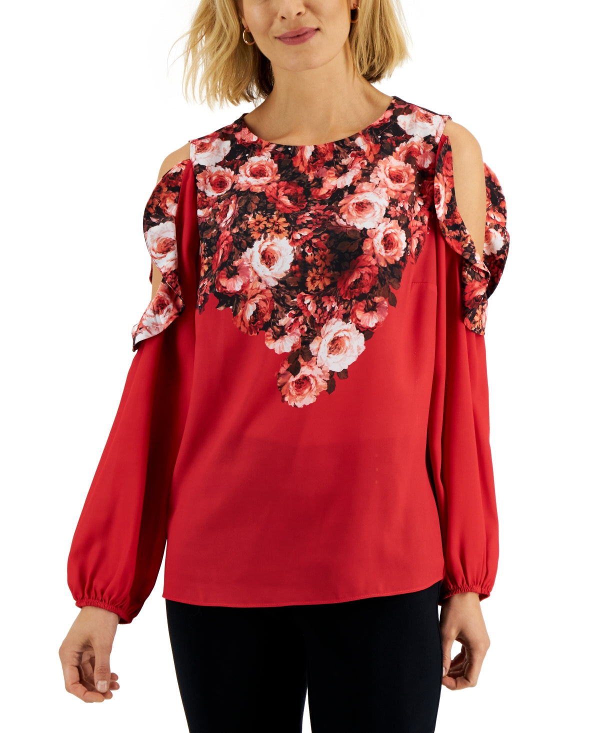 JM Collection Top feminino com estampa floral e ombro de fora, vermelho, tamanho pequeno