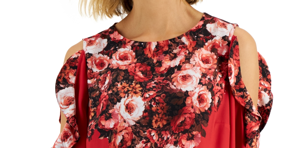JM Collection Top feminino com ombros descobertos e estampa floral em tons mistos, vermelho, tamanho pequeno
