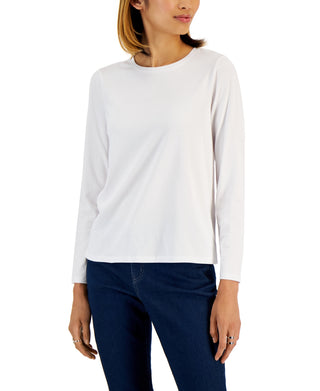 Style & Co Women's Classic Solid Long Sleeve T-Shirt White Size Petite Large