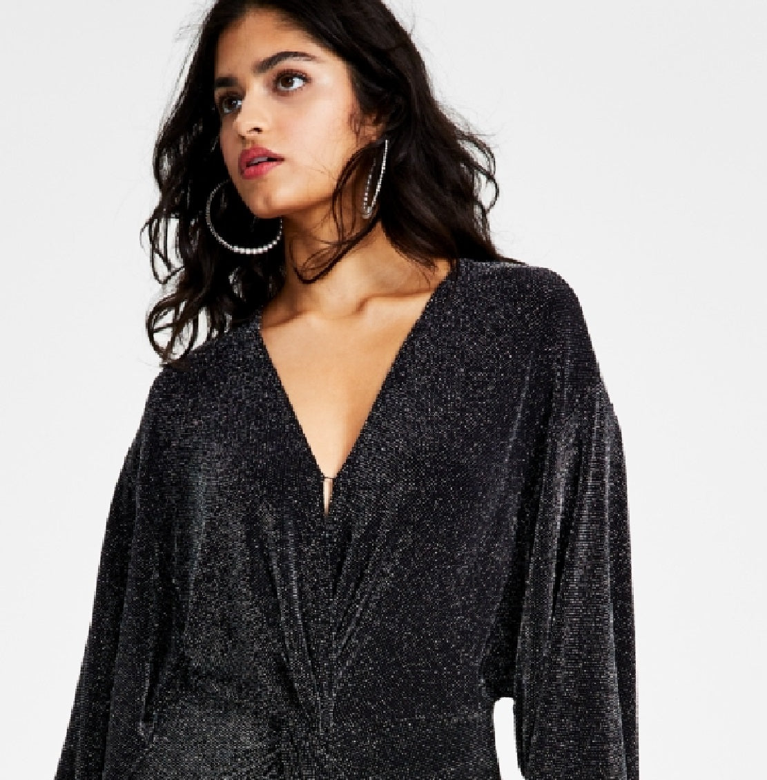 Macacão feminino Bar III com manga blusão e brilho em malha, preto, tamanho médio