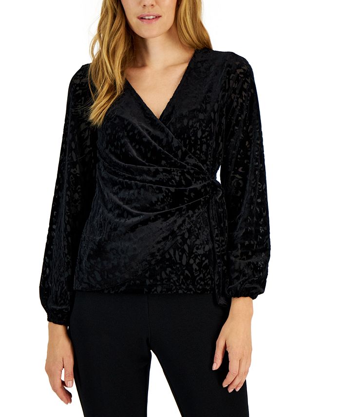 Blusa feminina Alfani Velvet Surplice Wrap, preta, tamanho pequeno