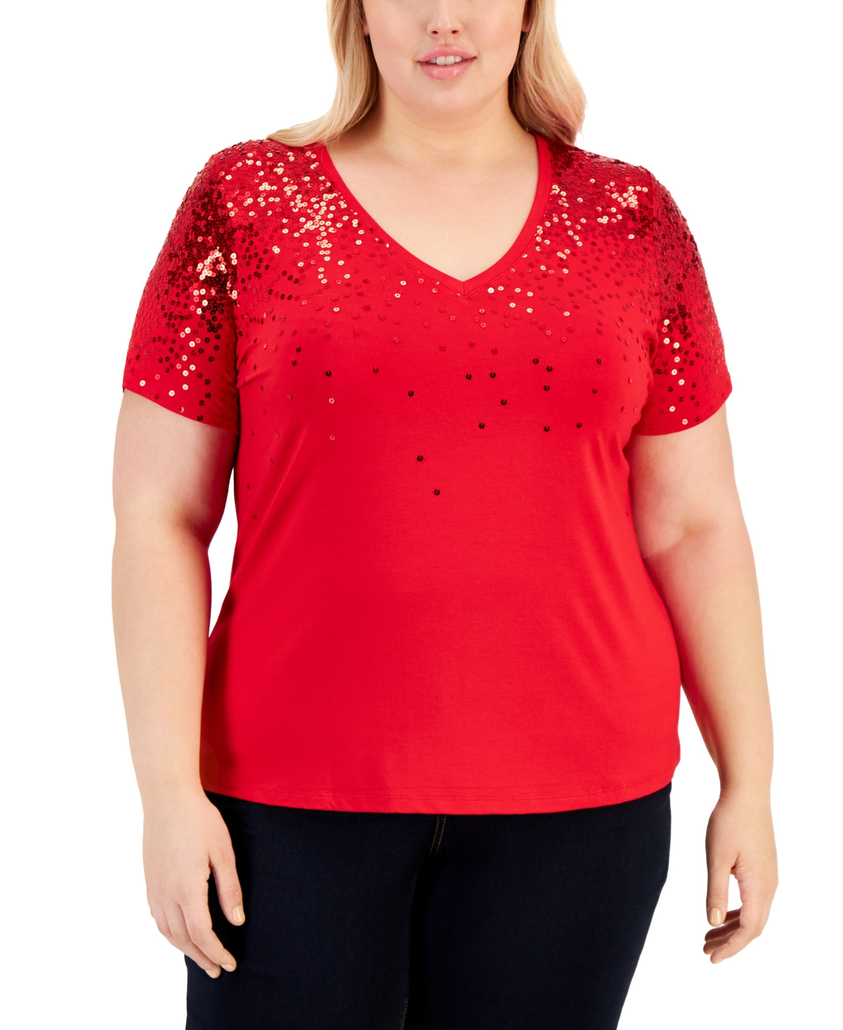 Camiseta feminina com lantejoulas INC International Concepts vermelha tamanho 2X