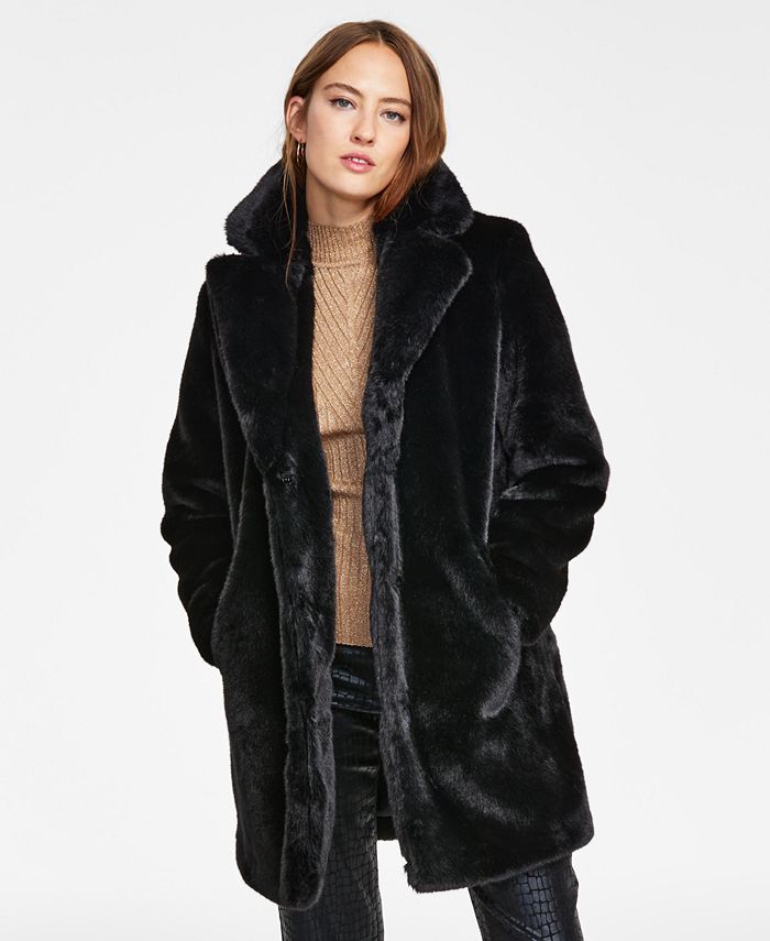 INC International Concepts Casaco longo de pele sintética feminino, preto, tamanho pequeno