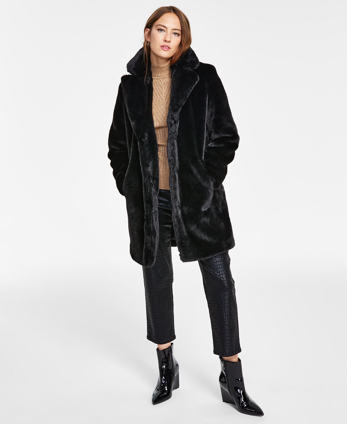 INC International Concepts Casaco longo de pele sintética feminino, preto, tamanho pequeno