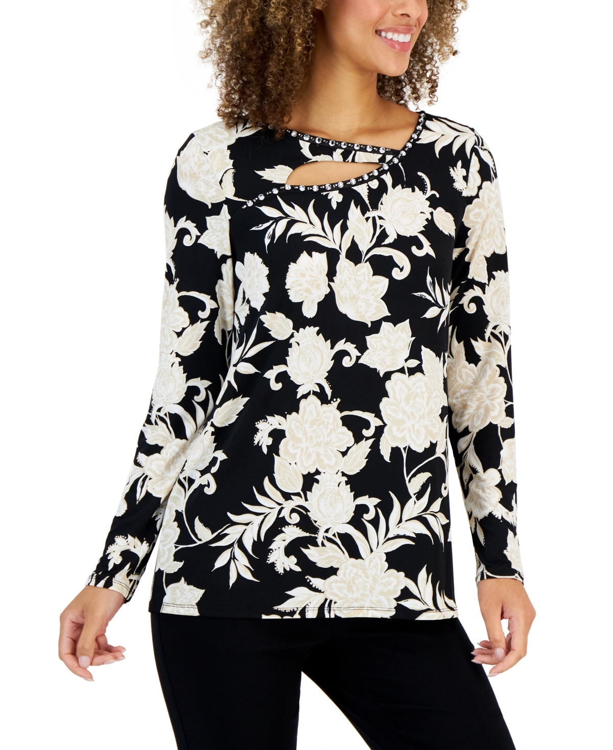 JM Collection Top feminino elaborado com recorte festivo e embelezado, preto, tamanho pequeno