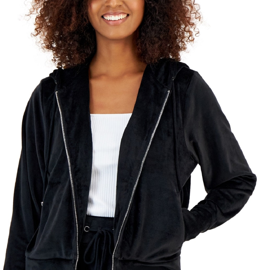 Moletom com capuz feminino de veludo com zíper da INC International Concepts, preto, tamanho médio