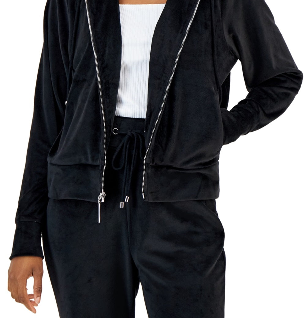 Moletom com capuz feminino de veludo com zíper da INC International Concepts, preto, tamanho médio
