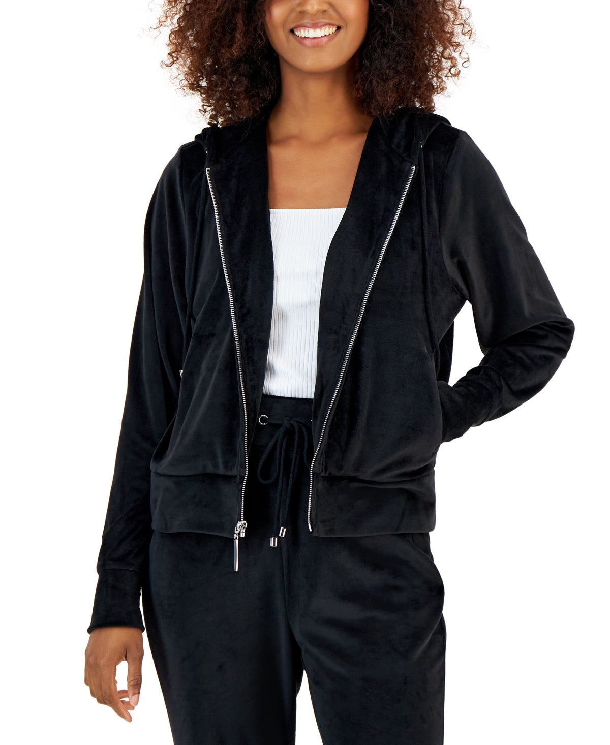 Moletom com capuz feminino de veludo com zíper da INC International Concepts, preto, tamanho médio