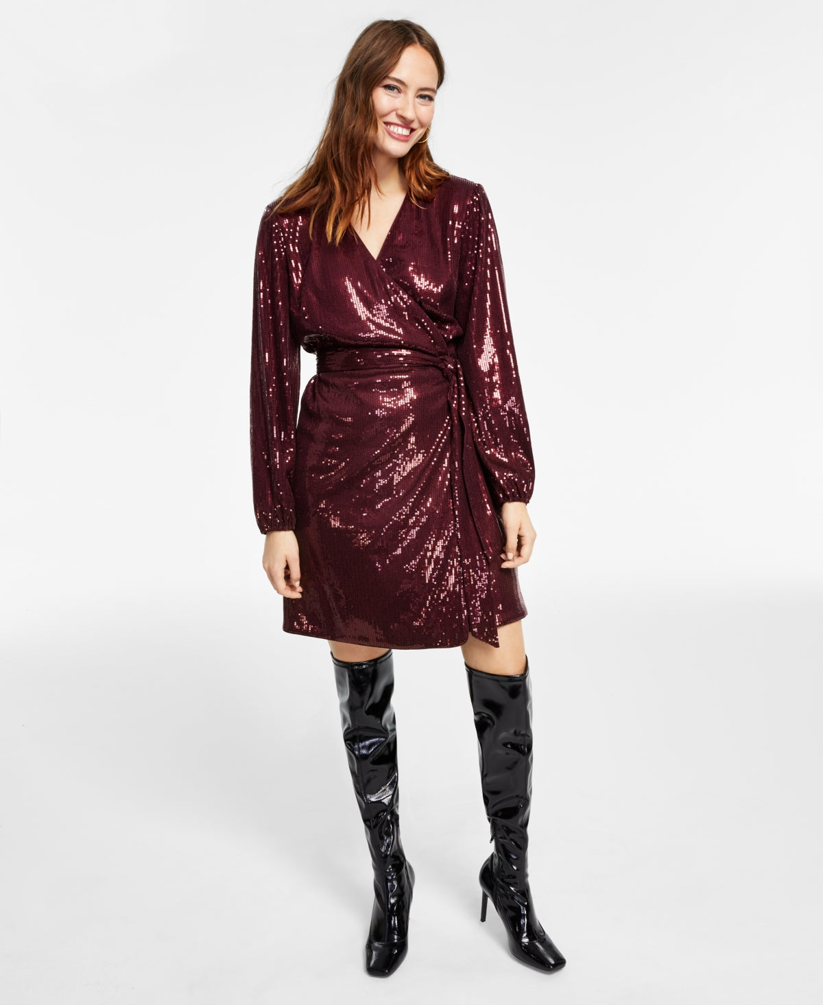 Vestido curto envelope feminino INC International Concepts com lantejoulas, vermelho, tamanho extragrande