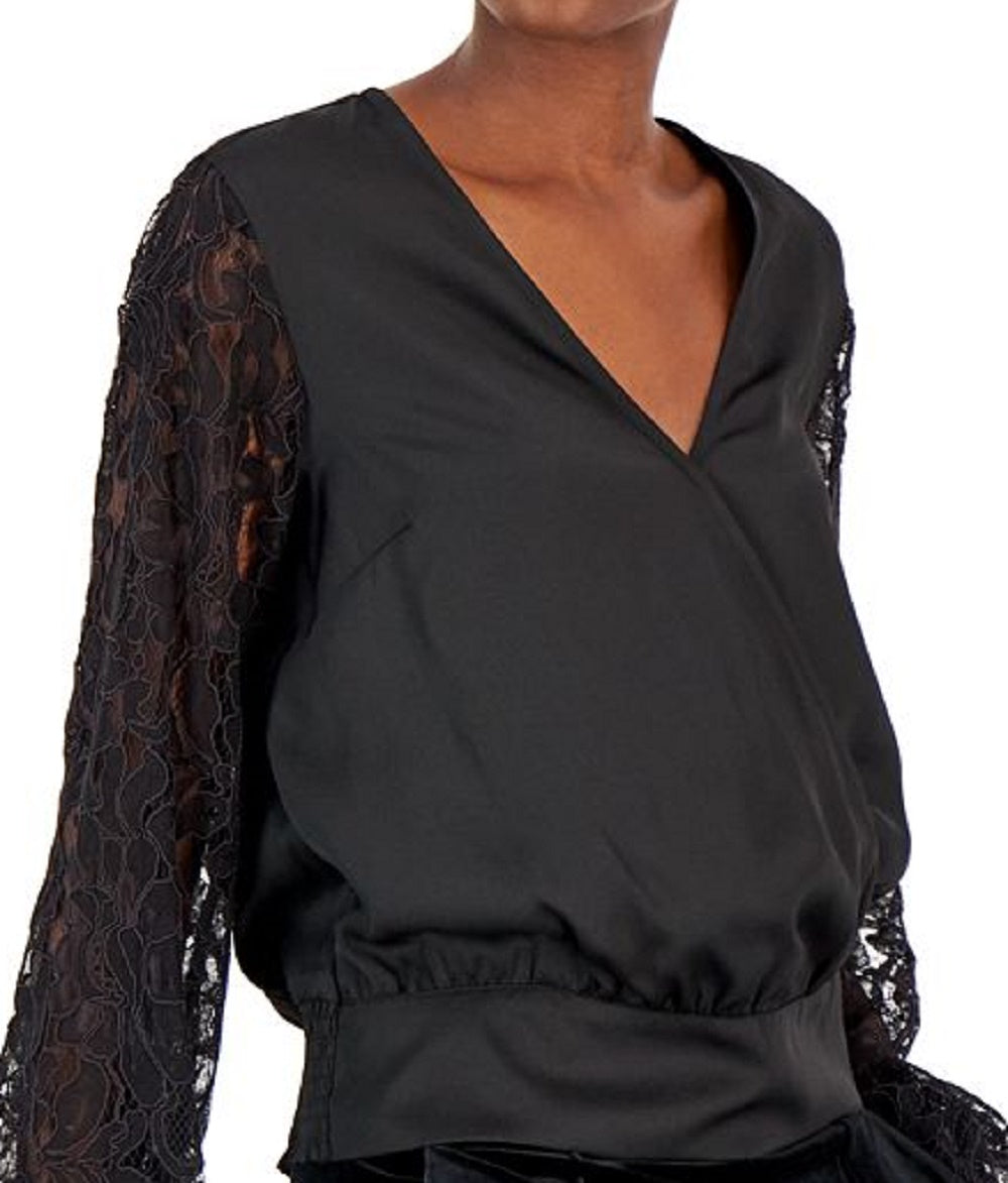 Blusa feminina com manga de renda INC International Concepts, preta, tamanho grande