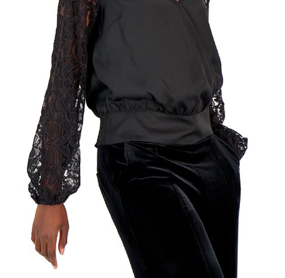 Blusa feminina com manga de renda INC International Concepts, preta, tamanho grande
