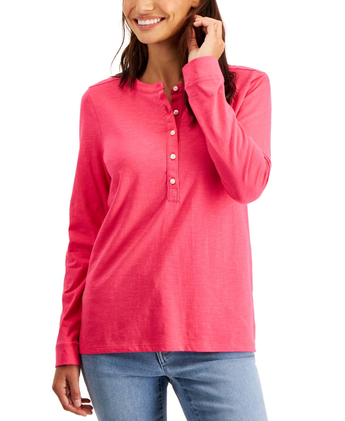 Top Henley Feminino Estilo &amp; Co Rosa Tamanho Pequeno Grande