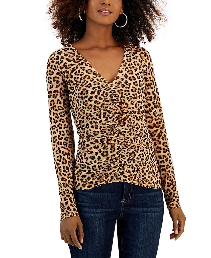 Blusa feminina com estampa animal e decote em V, franzida, marrom, tamanho pequeno, da INC International Concepts