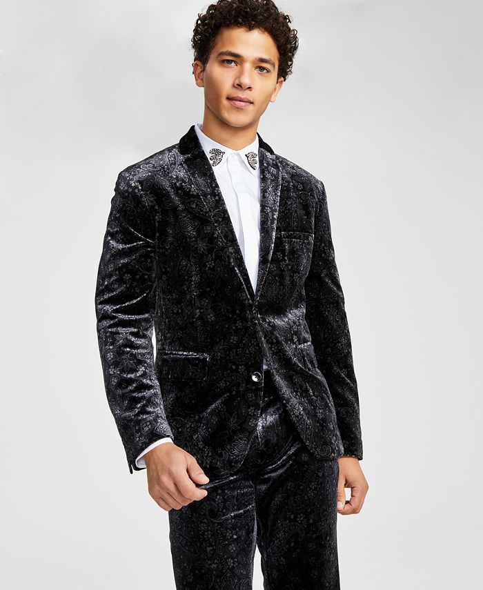 INC International Concepts Jaqueta de veludo masculina slim fit com estampa paisley, preta, tamanho XX-G