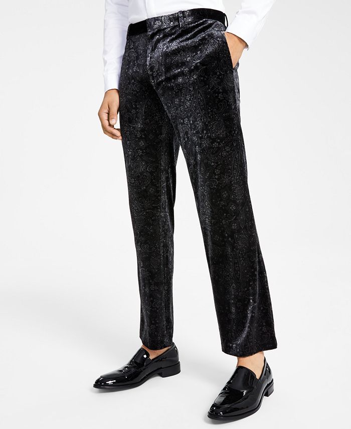 Calça de terno masculina de veludo estampado slim fit da INC International Concepts, preta, tamanho 29
