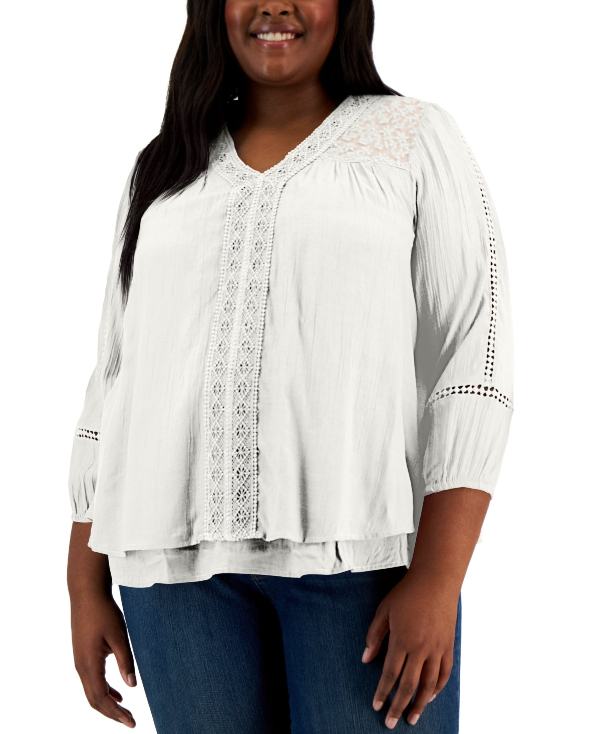 Blusa feminina de manga comprida com acabamento em renda, estilo &amp; co, branca, tamanho 1X