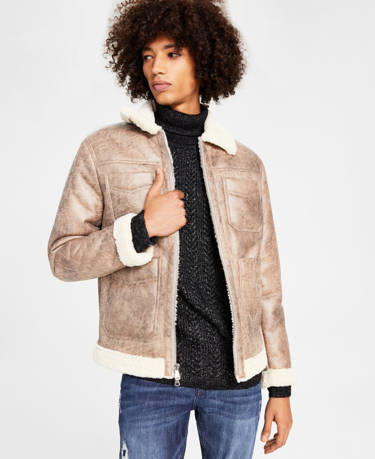 Jaqueta masculina INC International Concepts Flynn Fleece com zíper frontal marrom, tamanho GG