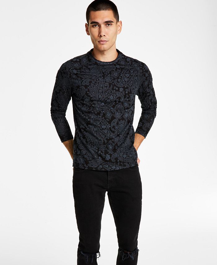 Camiseta masculina de manga comprida com estampa paisley e ajuste clássico da INC International Concepts, preta, tamanho grande