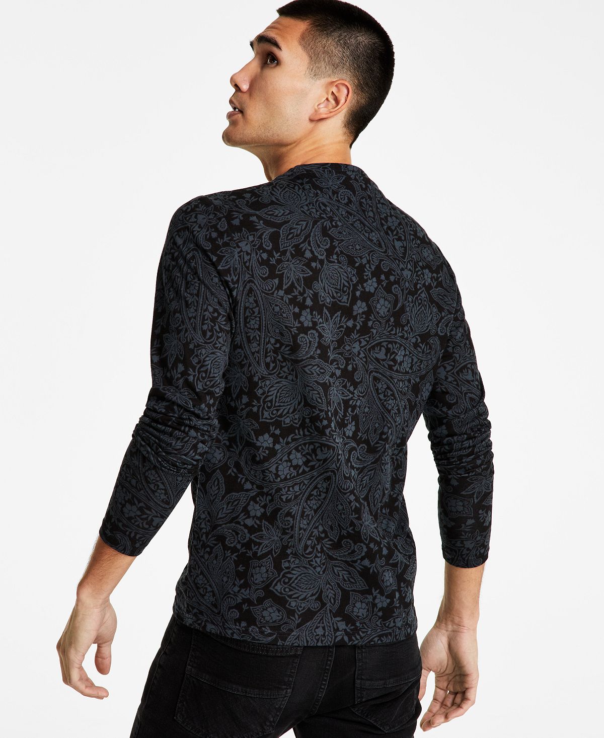 Camiseta masculina de manga comprida com estampa paisley e ajuste clássico da INC International Concepts, preta, tamanho grande