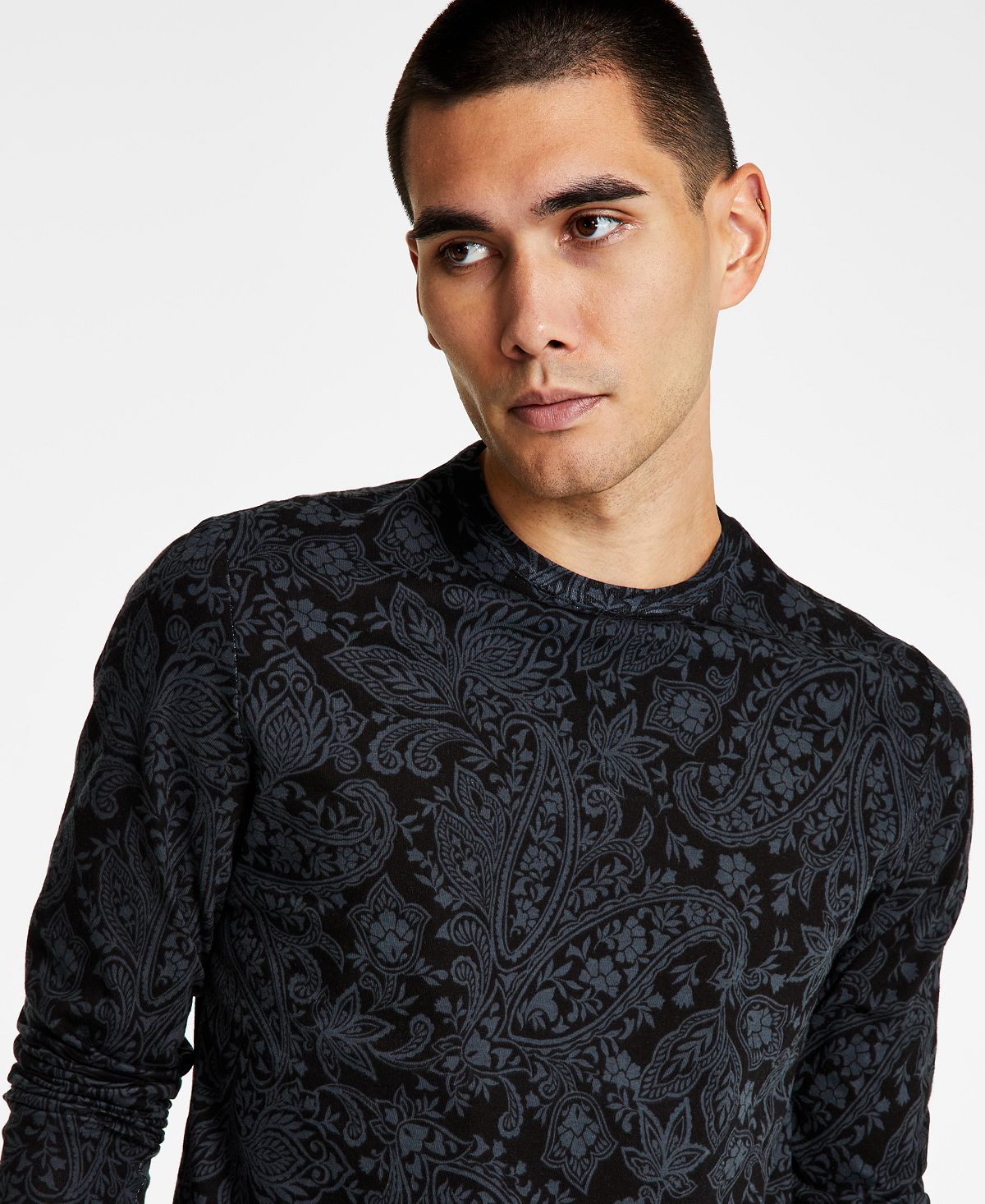 Camiseta masculina de manga comprida com estampa paisley e ajuste clássico da INC International Concepts, preta, tamanho grande