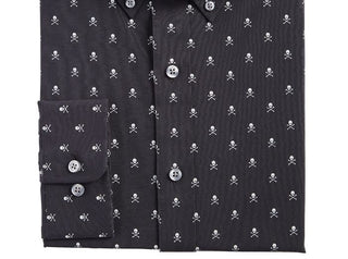Camisa social masculina Club Room Slim Fit com estampa de caveira e botões, preta, tamanho pequeno