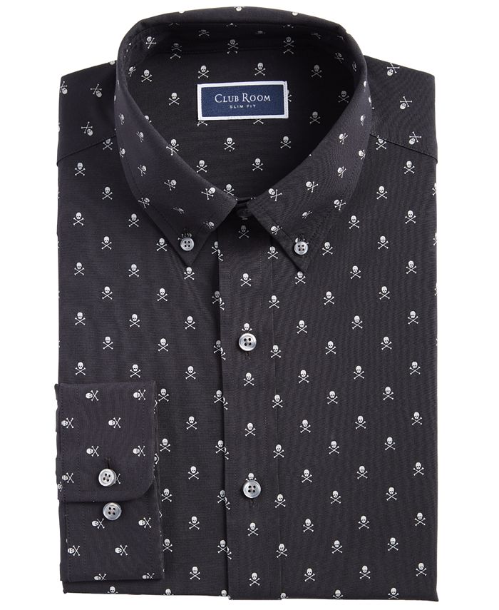 Camisa social masculina Club Room Slim Fit com estampa de caveira e botões, preta, tamanho pequeno