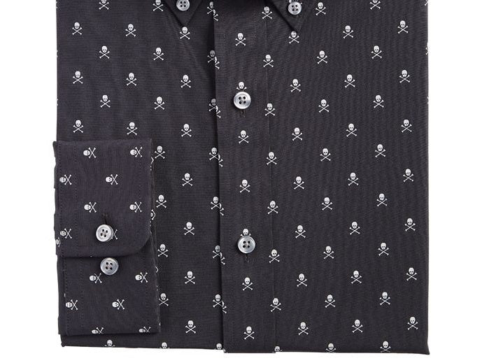 Camisa social masculina Club Room Slim Fit com estampa de caveira e botões, preta, tamanho médio