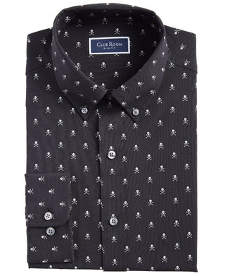 Camisa social masculina Club Room Slim Fit com estampa de caveira e botões, preta, tamanho médio