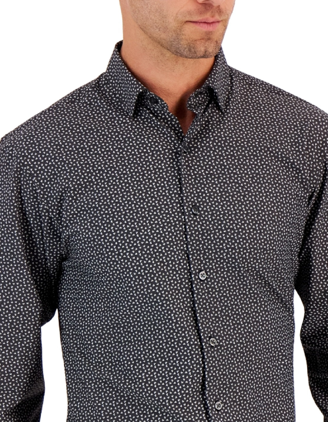 Camisa social masculina Alfani Regular Fit Travel Ready com estampa geométrica angular, preta, tamanho 36X37
