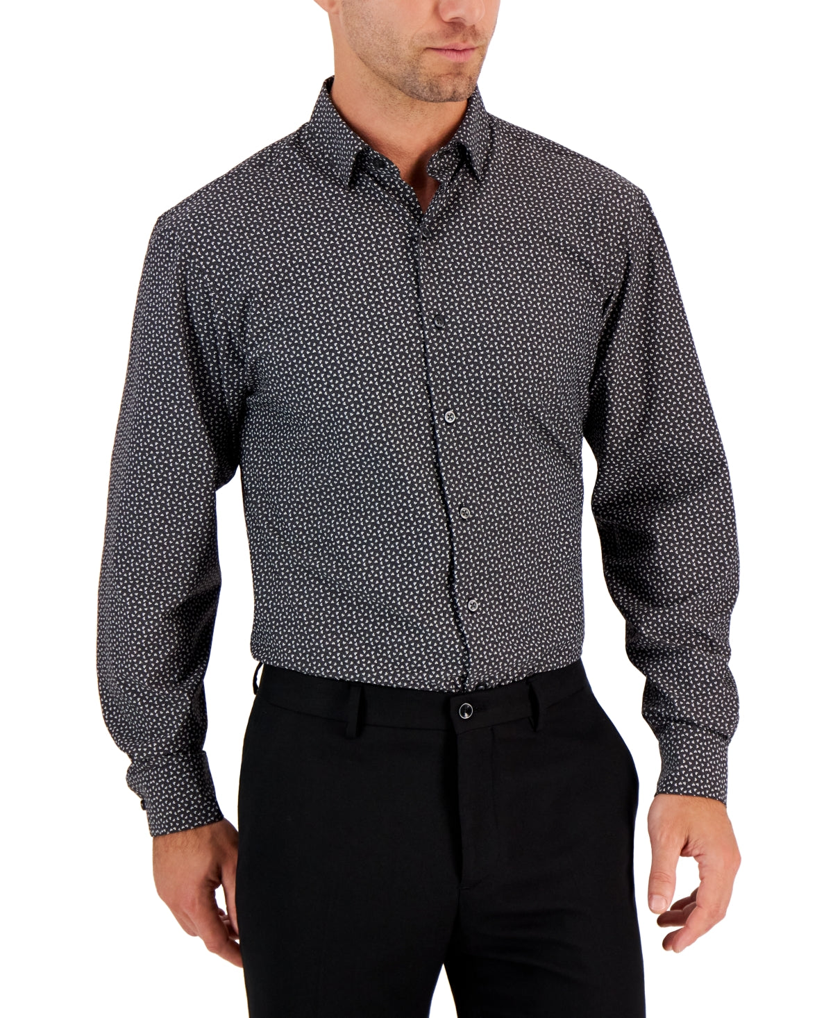 Camisa social masculina Alfani Regular Fit Travel Ready com estampa geométrica angular, preta, tamanho 36X37