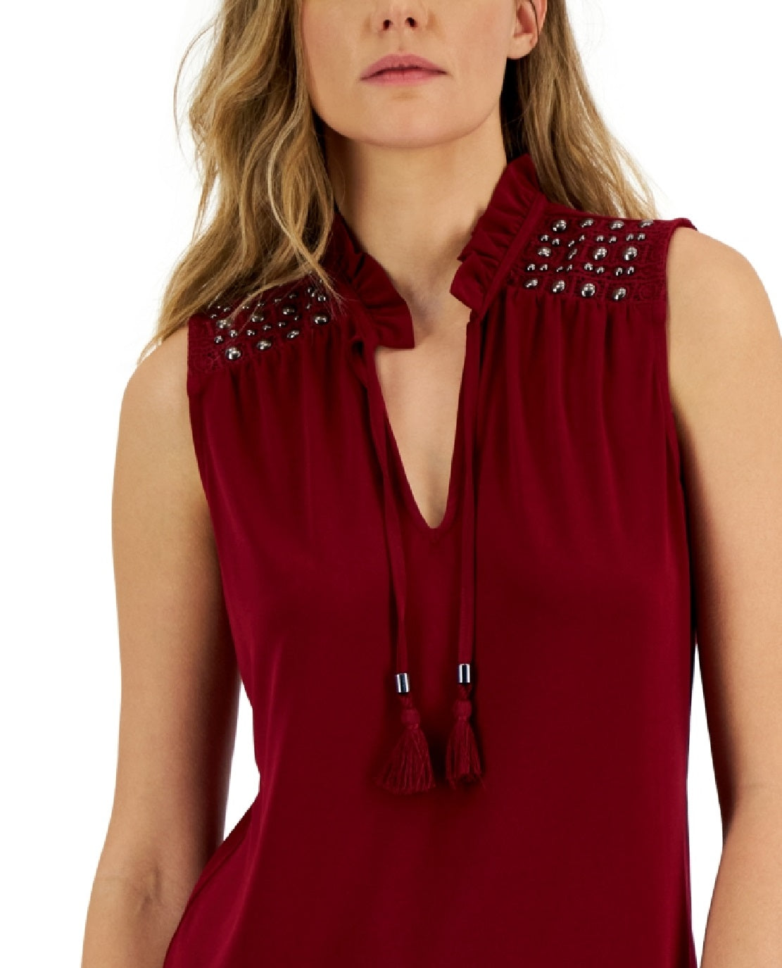 Blusa feminina de crochê sem mangas com decote dividido e tamanho médio, vermelha, da INC International Concepts