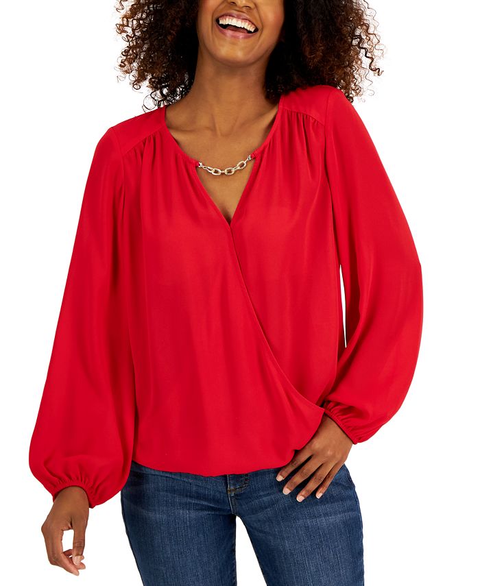Blusa feminina com acabamento em ferragens e sobrepeliz INC International Concepts, vermelha, tamanho médio