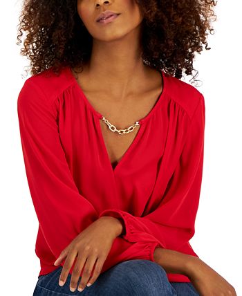 Blusa feminina com acabamento em ferragens e sobrepeliz INC International Concepts, vermelha, tamanho médio