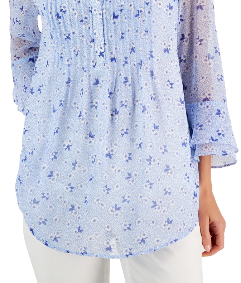 Blusa feminina estampada Charter Club Pintuck azul tamanho grande