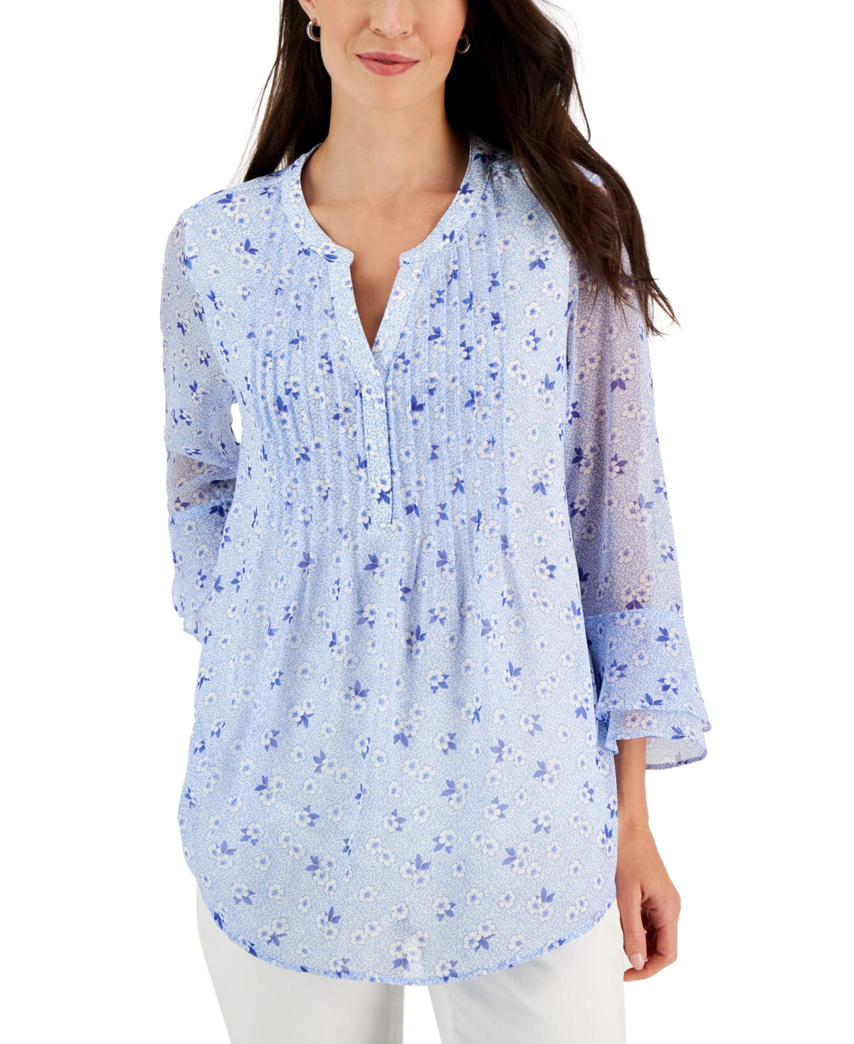Blusa feminina estampada Charter Club Pintuck azul tamanho grande