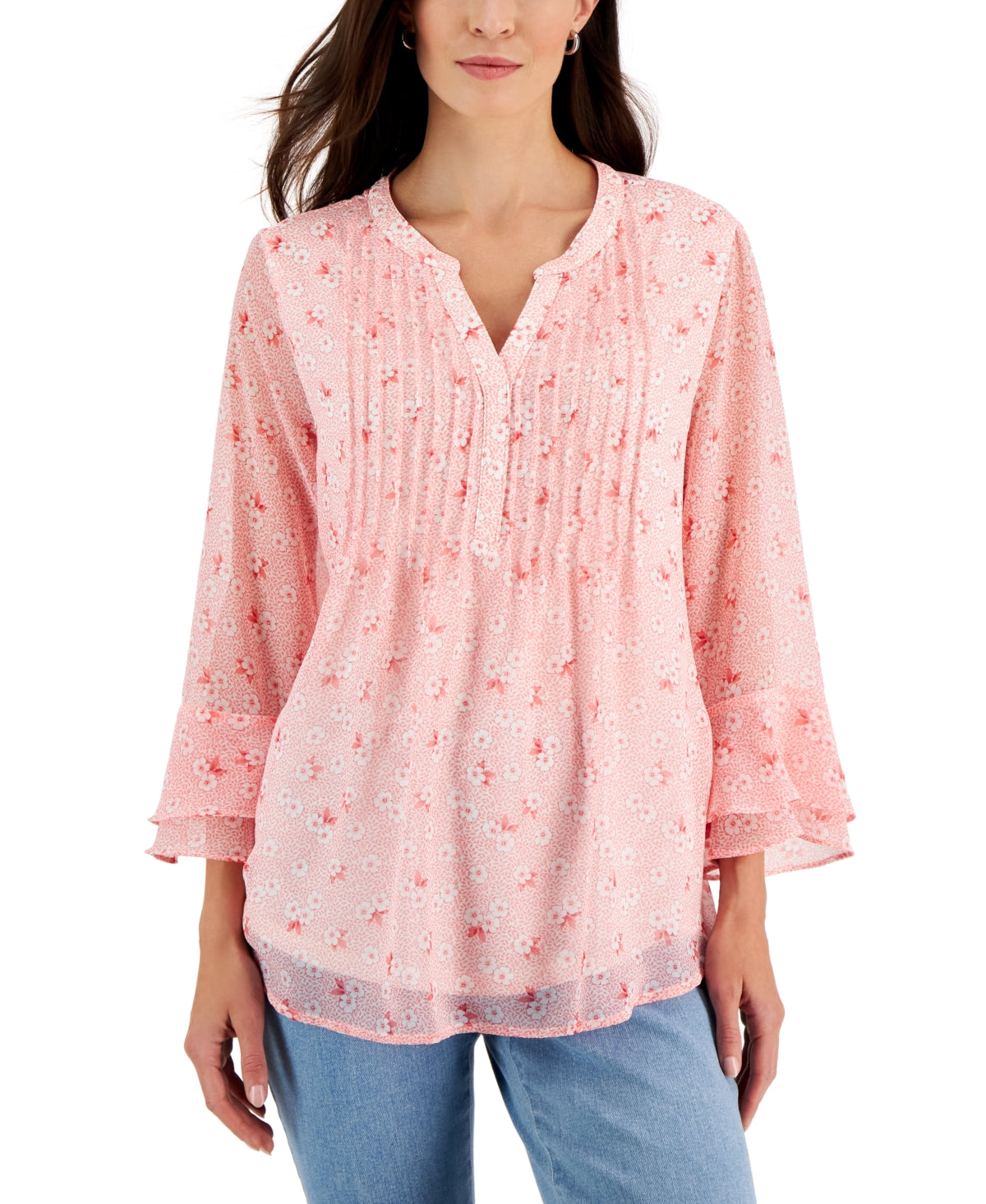 Charter Club Blusa feminina com estampa floral e pregas, vermelha, tamanho XX-G