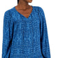 Vestido feminino estilo camponês estampado com decote em V, azul, tamanho grande