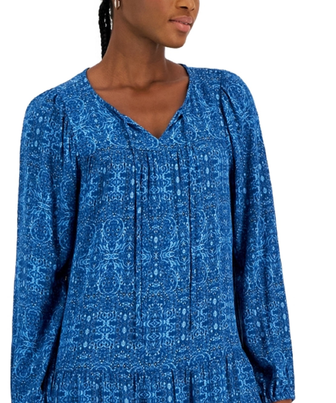 Vestido feminino estilo camponês estampado com decote em V, azul, tamanho grande