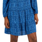 Vestido feminino estilo camponês estampado com decote em V, azul, tamanho grande