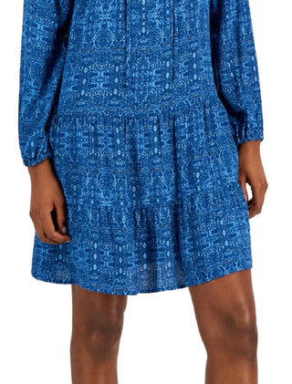 Vestido feminino estilo camponês estampado com decote em V, azul, tamanho grande