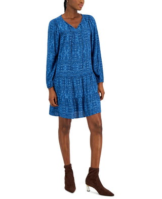 Vestido feminino estilo camponês estampado com decote em V, azul, tamanho grande