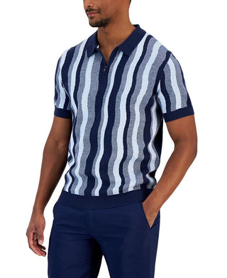 Camisa polo de malha Alfani masculina com ajuste clássico, listras onduladas e zíper 1/4, branca, tamanho extragrande