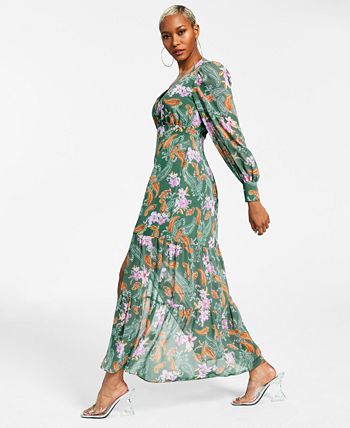 Vestido longo feminino Bar III de chiffon floral, manga comprida, verde, tamanho pequeno grande