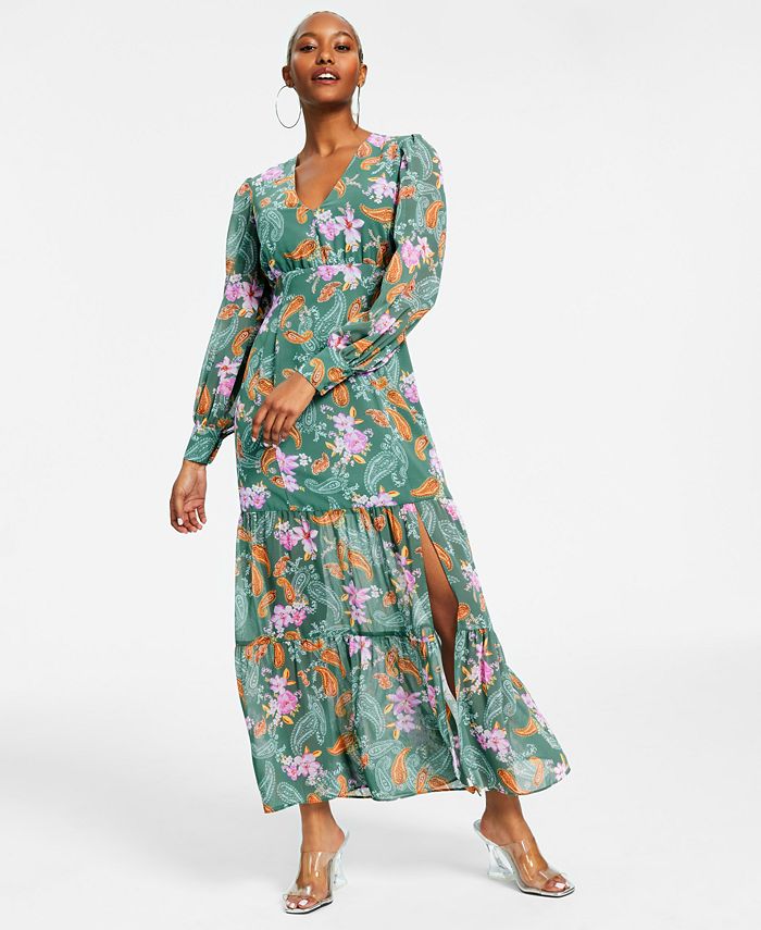 Vestido longo feminino Bar III de chiffon floral com manga comprida, verde, tamanho pequeno e pequeno