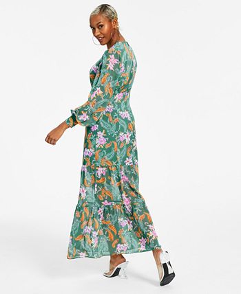 Vestido longo feminino Bar III de chiffon floral com manga comprida, verde, tamanho pequeno e pequeno
